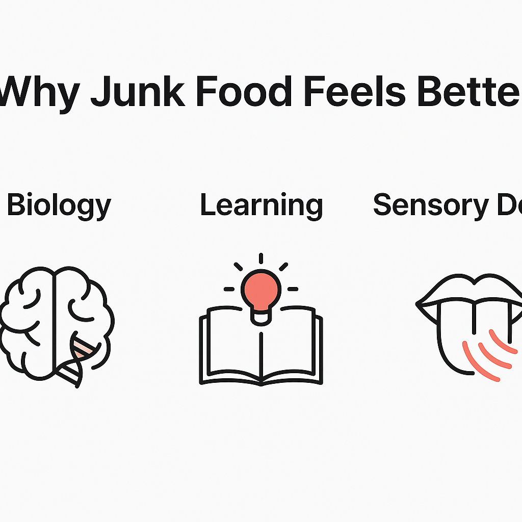 Minimalist infographic titled 'Why Junk Food Feels Better' with three centered columns: Biology, Learning, Sensory Design; clean icons on a plain background.